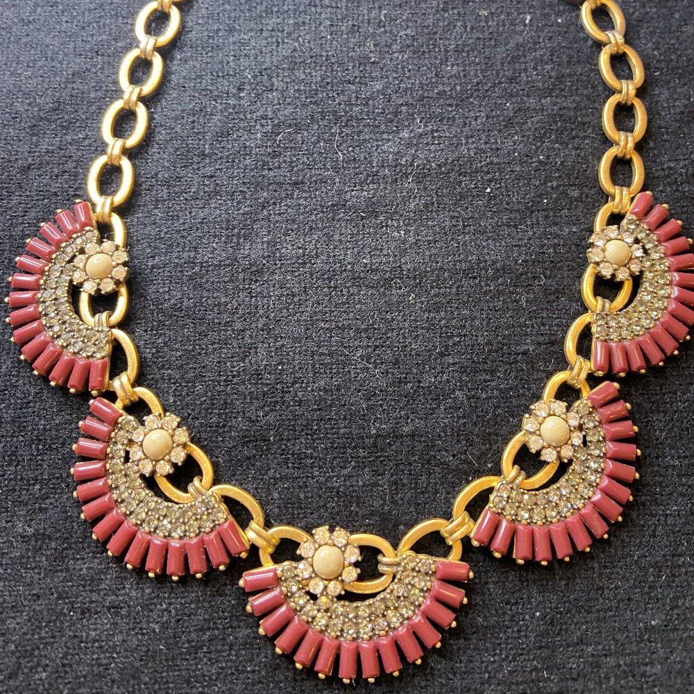 J Crew Statement Necklace - Gold, Wine Stones, Pave